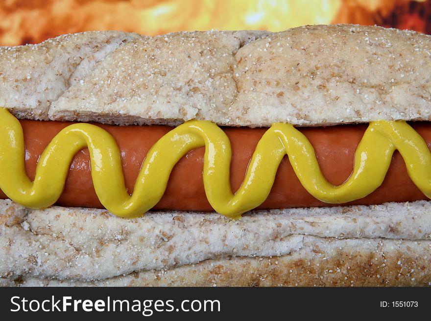 Hot dog with red sausage meat and mustard