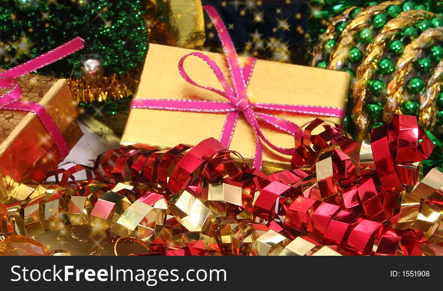 Christmas Gift with Ornaments and Ribbon, Shallow DOF. Christmas Gift with Ornaments and Ribbon, Shallow DOF