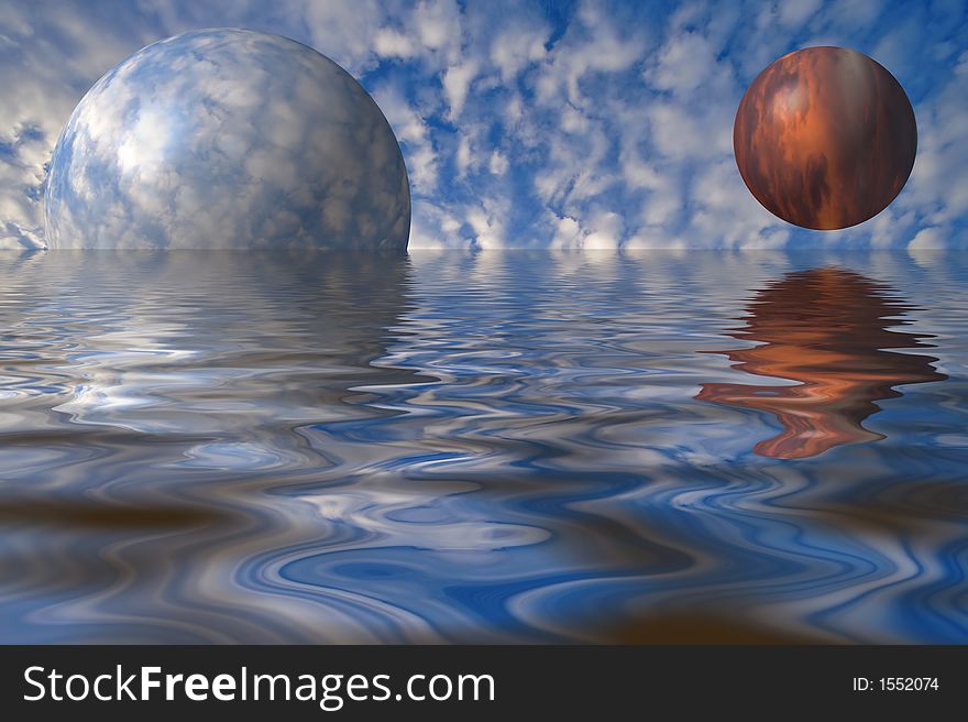 Two orbs of different sky on cloudy background with reflection