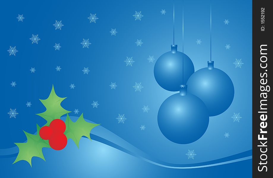 Blue christmas postcard with snowflakes and globes