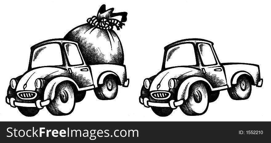 Cartoon illustration of a car with present and without in black colour. Cartoon illustration of a car with present and without in black colour