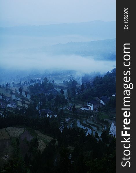 Scenery of a quiet village in moonlight