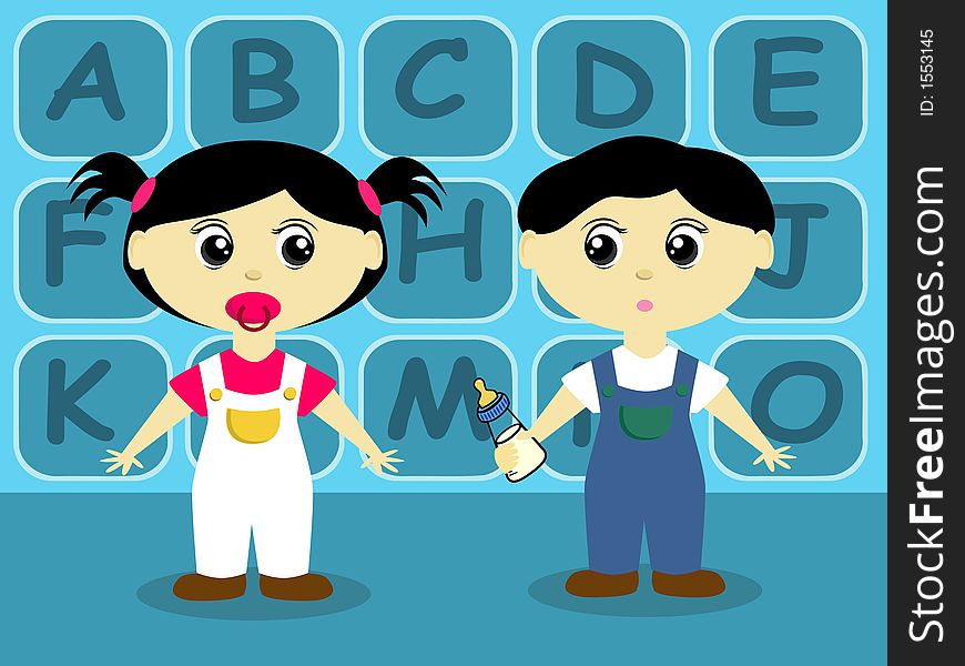 Cute cartoon toddlers in front of an alphabet wall