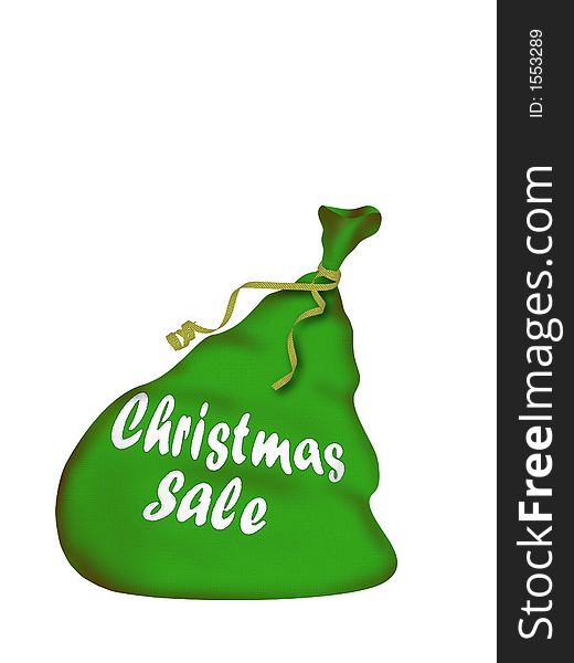 Christmas bag Santa with gifts - with sewn inscription Christmas sale (isolated on a white background)