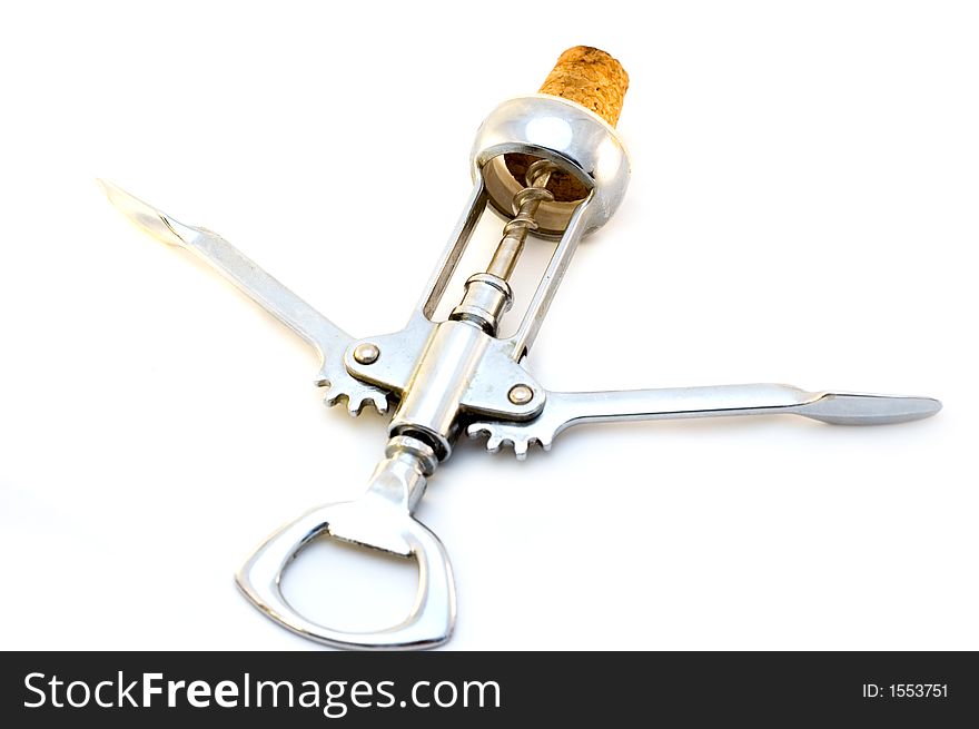 Picture of a silver wine opener isolated on white. Picture of a silver wine opener isolated on white
