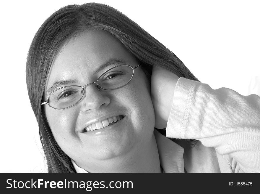 A black and white portrait of a bespectacled young woman against a white background. A black and white portrait of a bespectacled young woman against a white background.