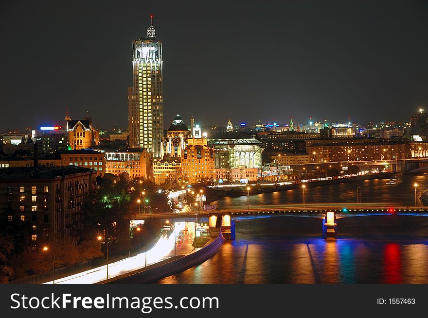 Moscow city at night - rivers of water and fire
