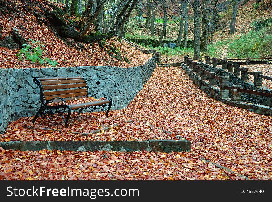 Bench in autumn park in Crimea reserve