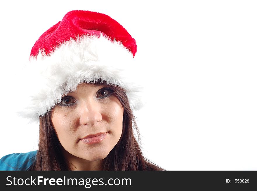 Attractive woman with santa claus hat on pure white background. Attractive woman with santa claus hat on pure white background