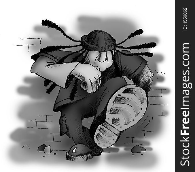 Cartoon illustration of dancing teenager near a wall. Cartoon illustration of dancing teenager near a wall