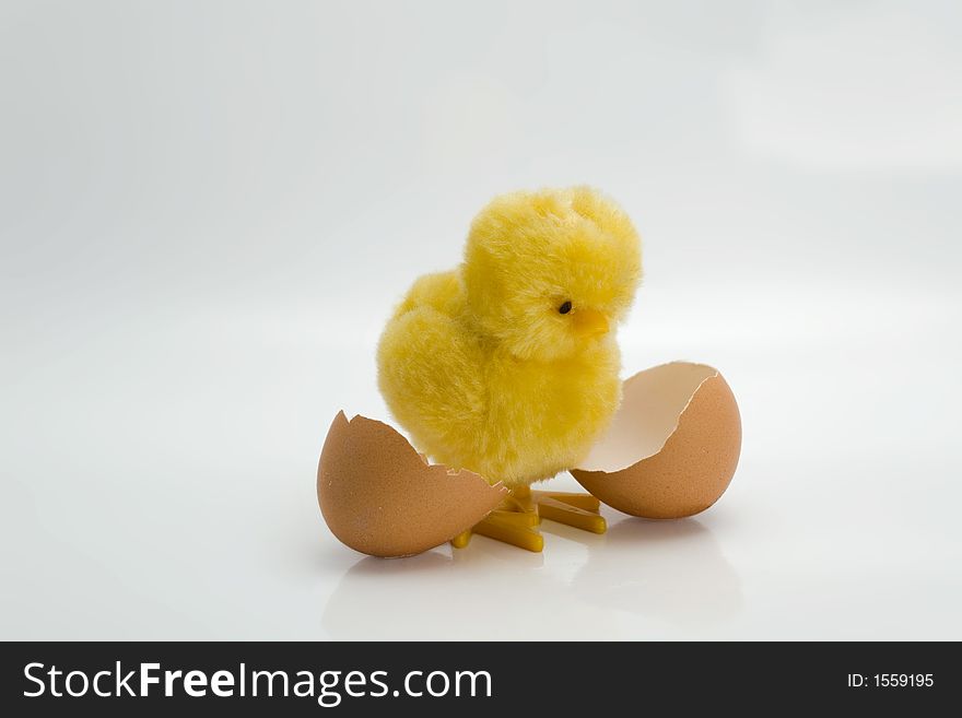 Hatched chick toy next to egg shells over white background. Hatched chick toy next to egg shells over white background