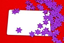 White Card And Violet Stars On Red Background Stock Photos White Card And Violet Stars On Red Background Stock Photos