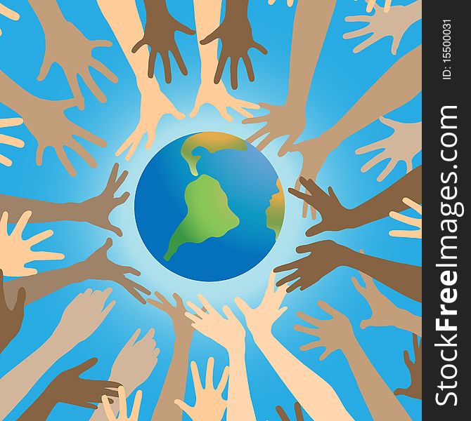 The earth with beams-hands, vector illustration. The earth with beams-hands, vector illustration