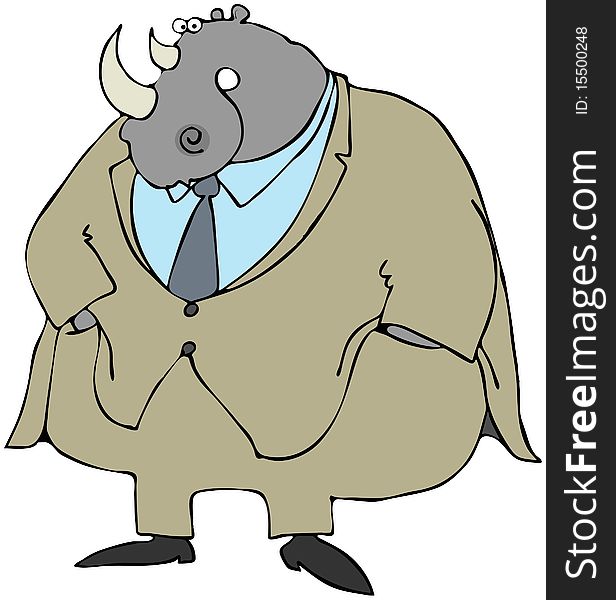 This illustration depicts a cartoon rhinoceros wearing a suit. This illustration depicts a cartoon rhinoceros wearing a suit.
