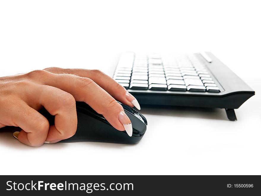 Female hand on computer mouse. Horizontal shot. Female hand on computer mouse. Horizontal shot