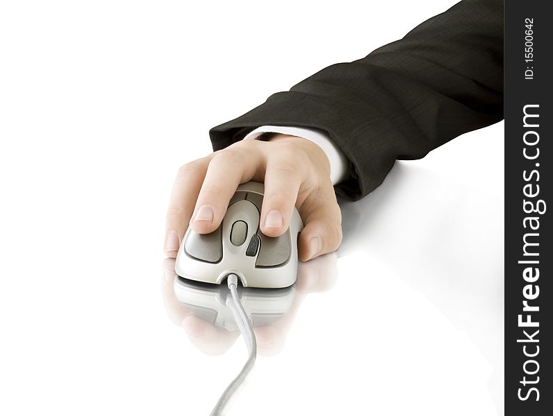 Computer mouse in hand isolated on white