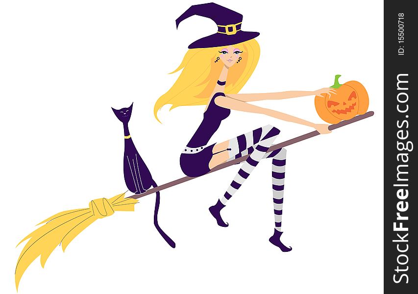 Isolated young beautiful witch and her cat flying on broomstick. Isolated young beautiful witch and her cat flying on broomstick