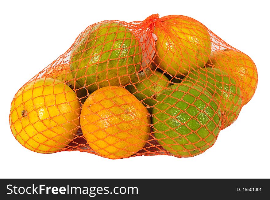 Pile of oranges in a sack over white. Pile of oranges in a sack over white.