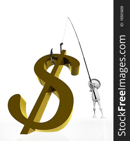 3D golden dollar symbol on the fishing hook. 3D A beautiful three-dimensional illustration, drawing. 3D golden dollar symbol on the fishing hook. 3D A beautiful three-dimensional illustration, drawing.