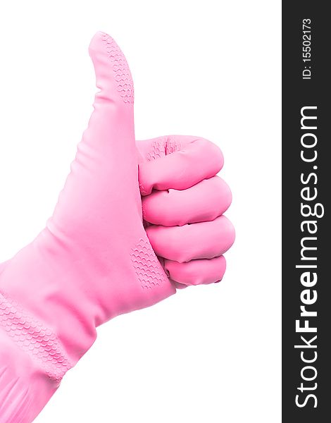 Thumb up symbol in rubber glove isolated on white