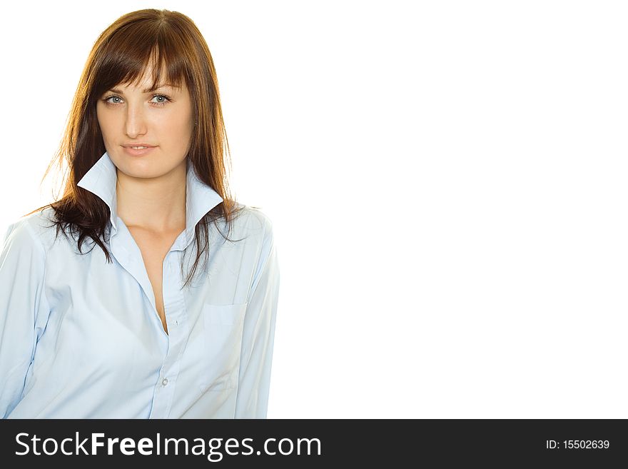 Young woman in a blue men's shirt. Isolated on white background. Young woman in a blue men's shirt. Isolated on white background