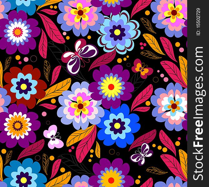 Seamless floral dark pattern with vivid flowers and balls