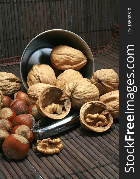 Basket of walnuts and hazelnuts