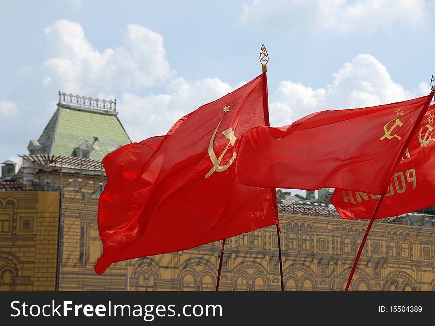 Red soviet flags on Red Square in Moscow, Russia