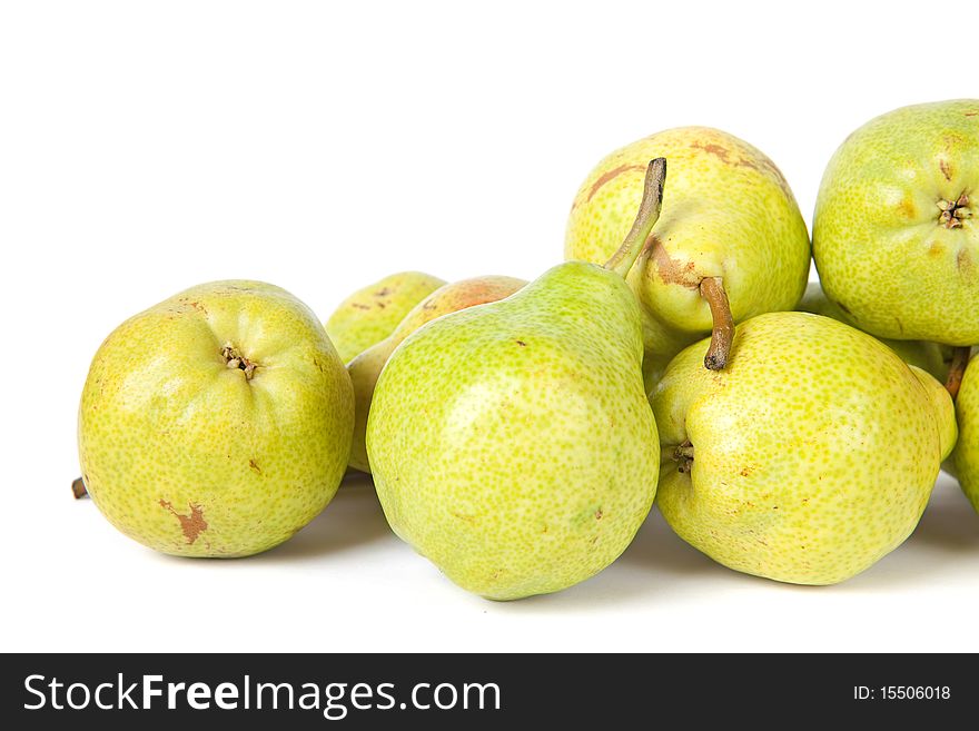 Heap of fresh tasty pears on white background