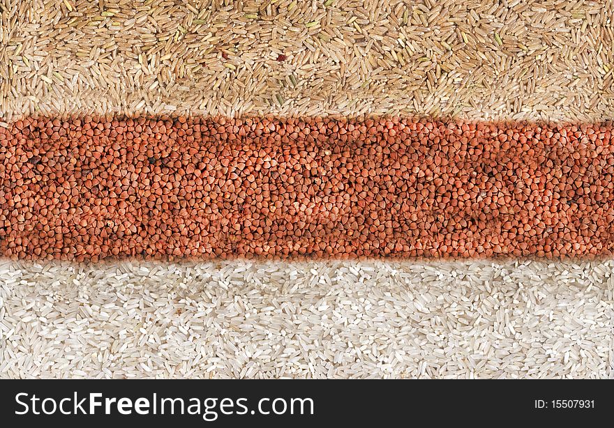 Handful of white rice and brown buckwheat panorama. Handful of white rice and brown buckwheat panorama