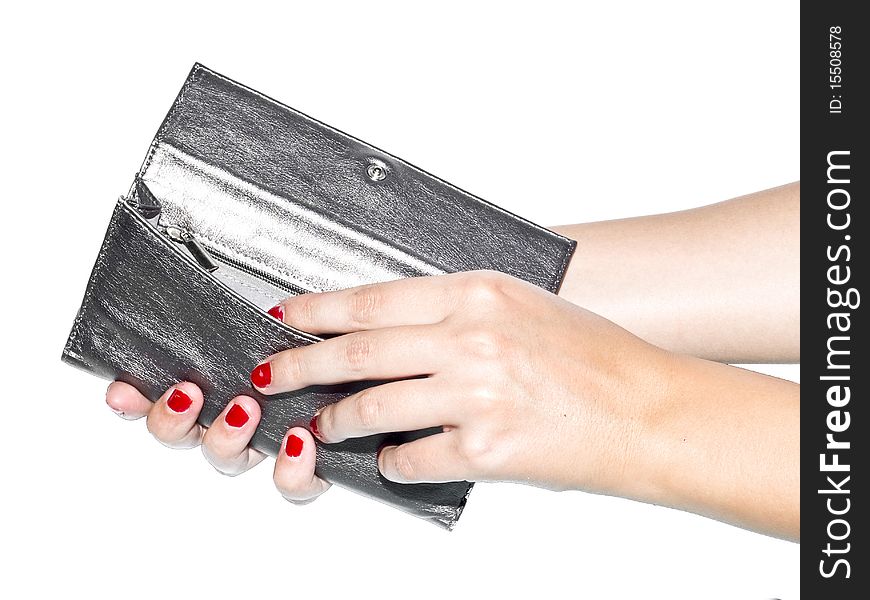 Young woman holding silver, leather wallet on white background. Young woman holding silver, leather wallet on white background