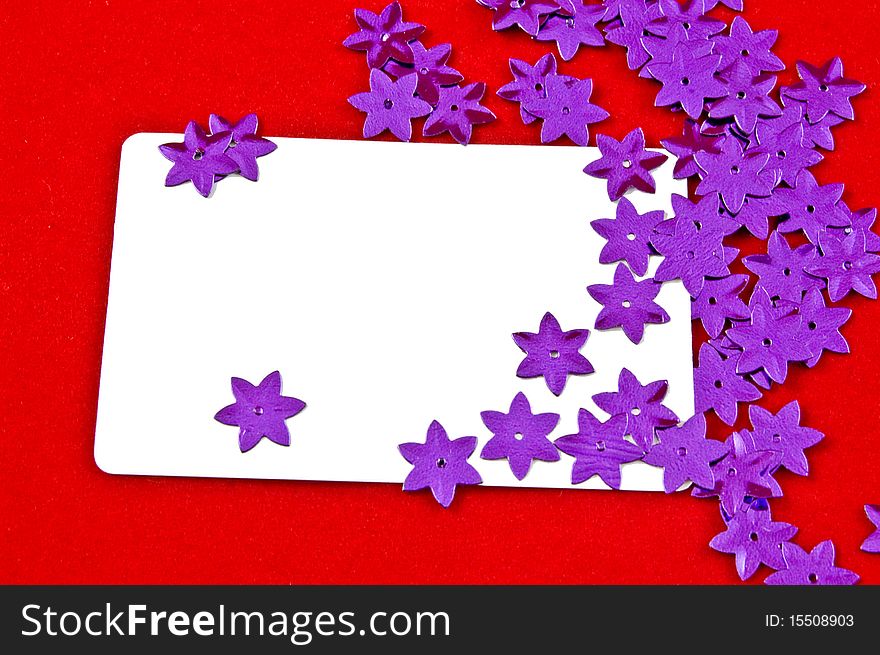 White card and violet stars on red background . This is raster image.