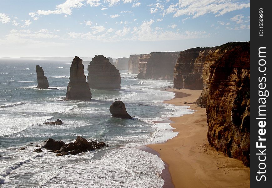 The Twelve Apostles are a set of rock formations off of the Great Ocean Road near Melbourne, Australia.