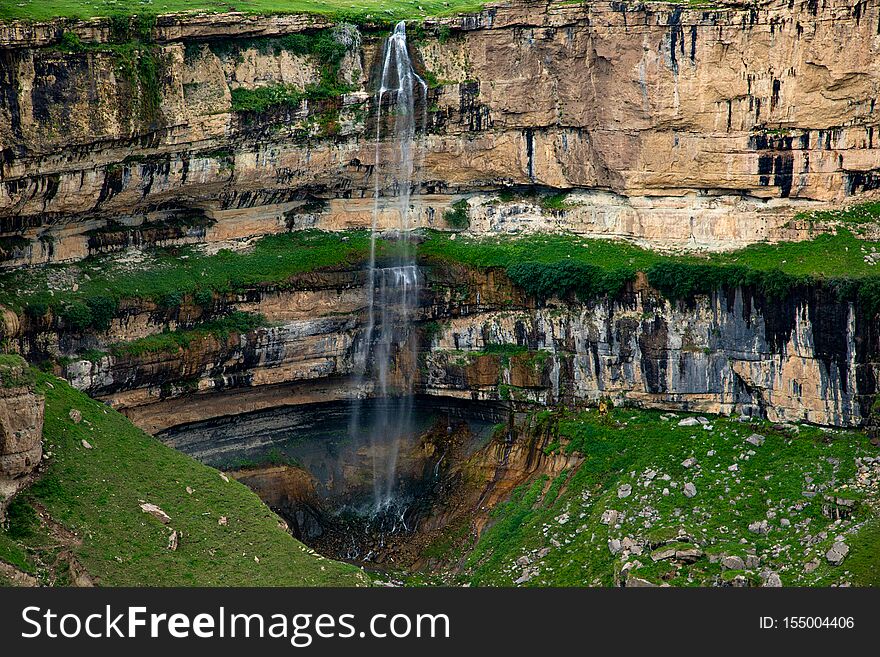 Mountain Waterfall Landscape In Summer Sunny Day