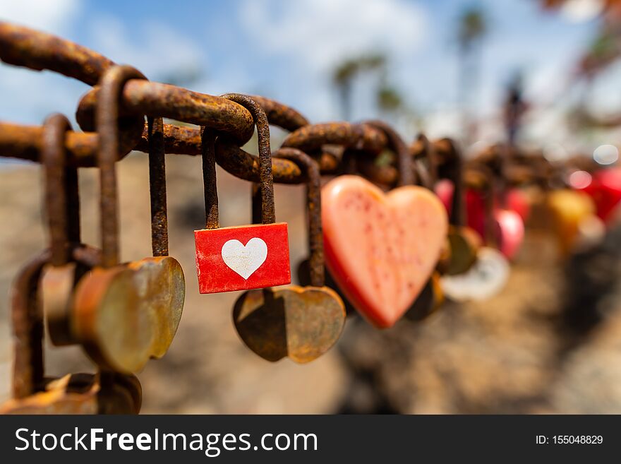Heart locks on the wall Lanzarote.  Canary islands, Spain