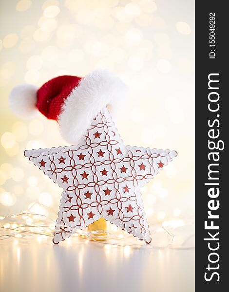 Christmas gold bokeh background with decorative star. Christmas gold stars. Christmas pattern. Background on the gray color. - Image. Christmas gold bokeh background with decorative star. Christmas gold stars. Christmas pattern. Background on the gray color. - Image