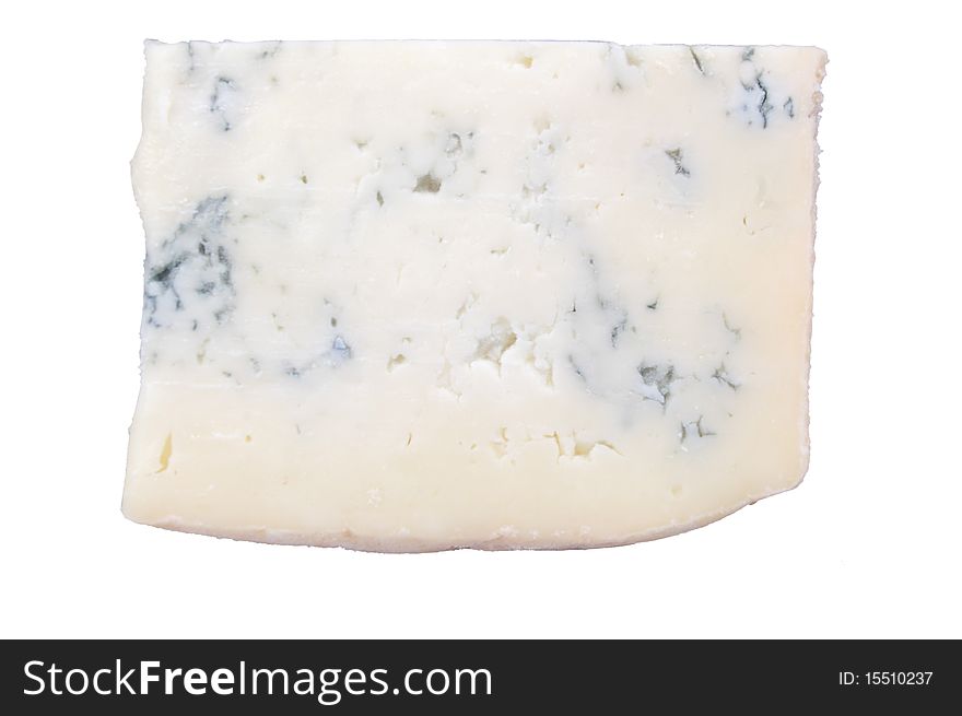 A slice of gorgonzola cheese isolated over white