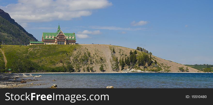 The historic Prince of Wales Hotel sits on a bluff overlooking Waterton Lake in Waterton Lakes National Park.