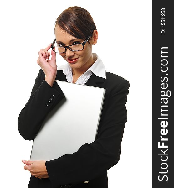 Young successful career woman holds her laptop. Young successful career woman holds her laptop