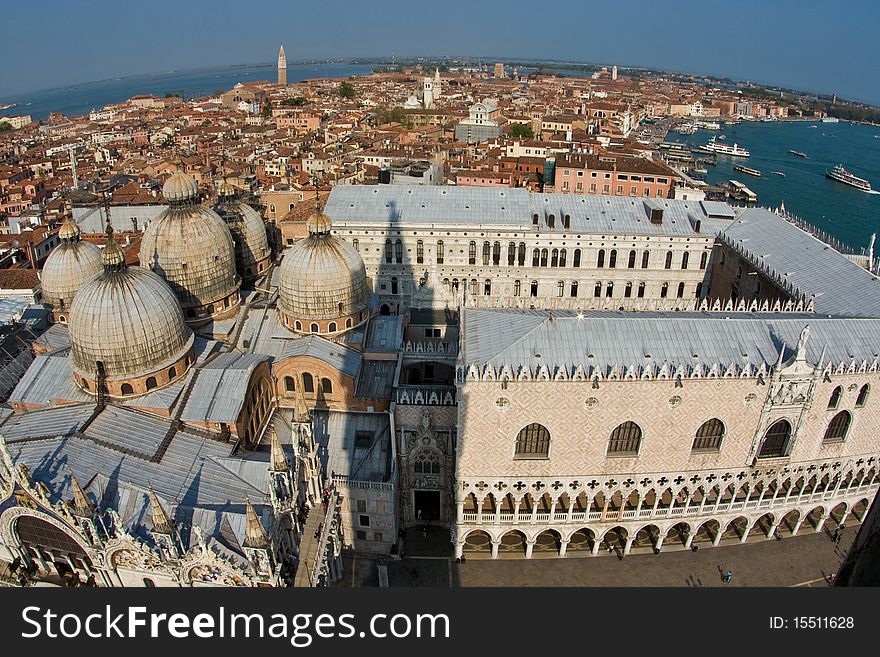 Overlooking the beautiful city and old palaces  of venice with the laguna from the Markus tower