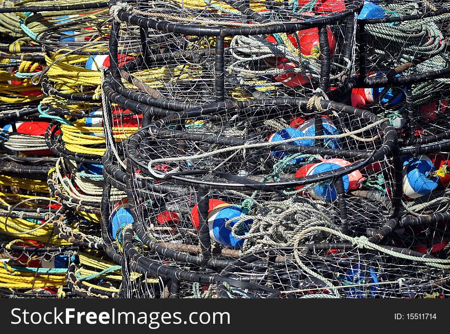 A large stack of crab pots.