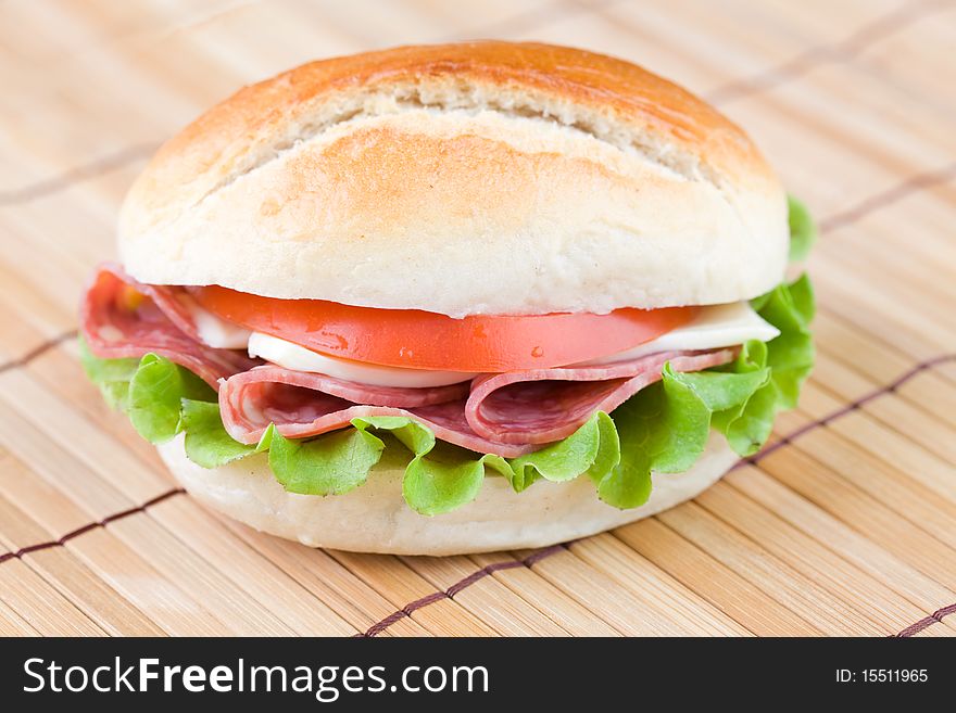 Close up of fresh sandwich with veggies and meat