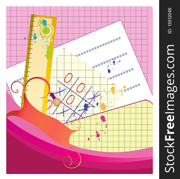 Bright school frame with a variety of ornaments, decorative elements, clasp and space for notes.