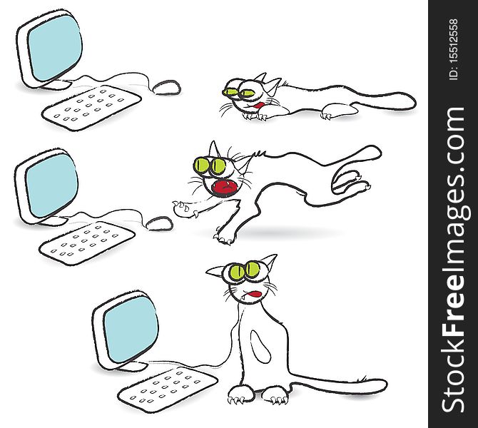 Illustration, white cat hunts on computer mouse. Illustration, white cat hunts on computer mouse