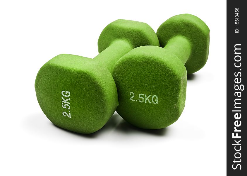 Green dumbbells on a white background with space for text