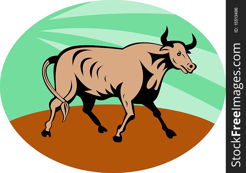 Illustration of a Raging texas longhorn bull charging