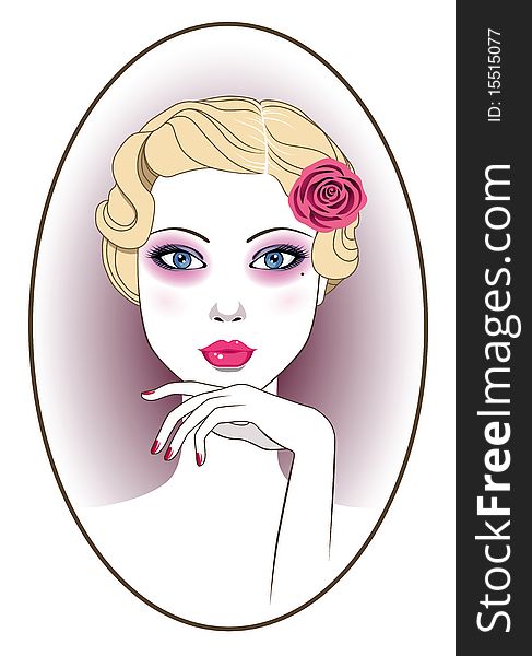 Retro lady with rose. Vector Illustration