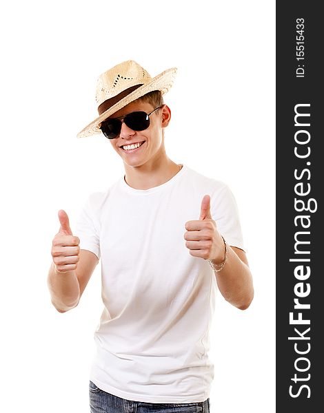 Merry lad in hat on white background