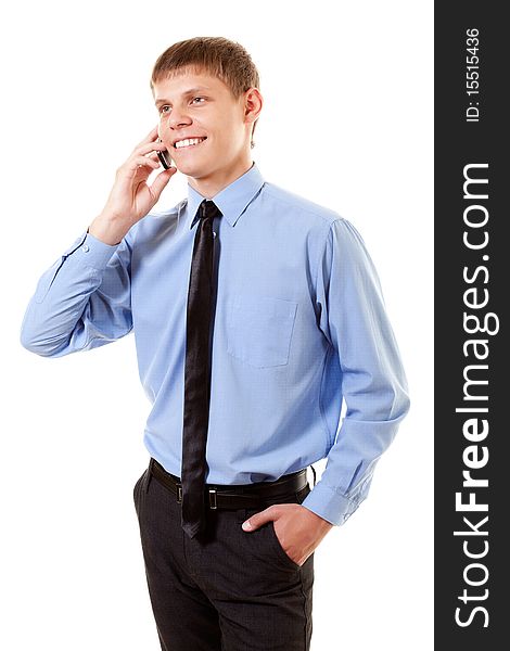 Succeeding manager with telephone on white background