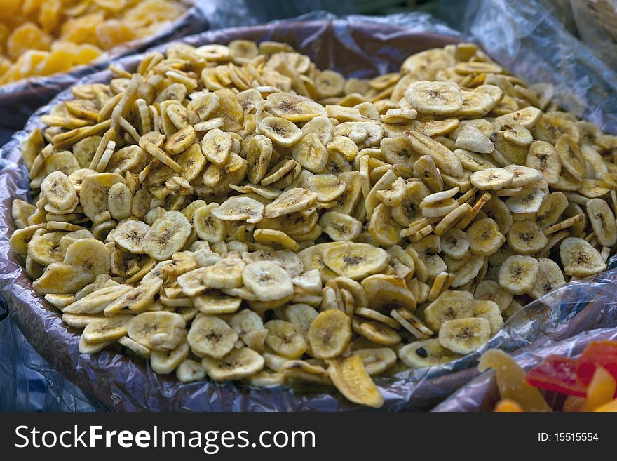 Dried bananas on the market